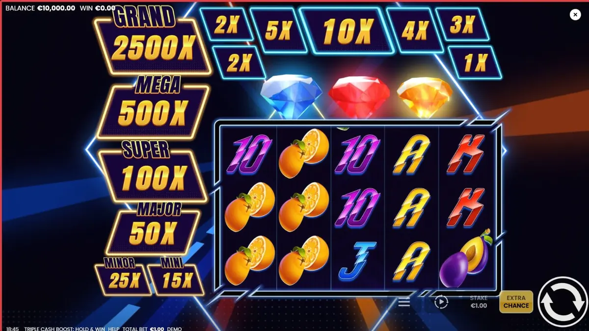 Tampilan visual slot Triple Cash Boost dengan tema neon futuristik